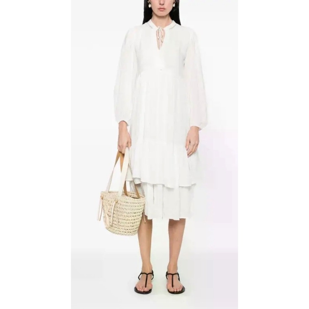 Ba&sh Plume Dress Ecru White Clip Dot Tiered Midi Boho Long Sleeve Size US 2 NEW